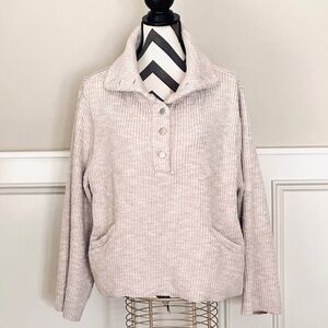 Dylan Soft Rib Half Snap High Neck Patch Pockets Beige Sweatshirt- Read